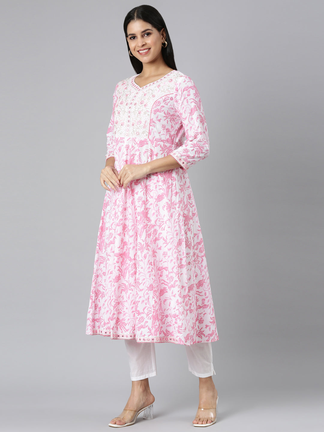 Neerus Pink Panelled Straight Printed Kurta and Trousers With Dupatta