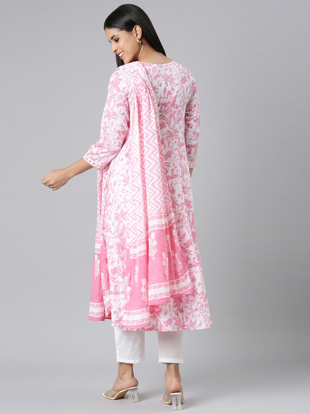 Neerus Pink Panelled Straight Printed Kurta and Trousers With Dupatta