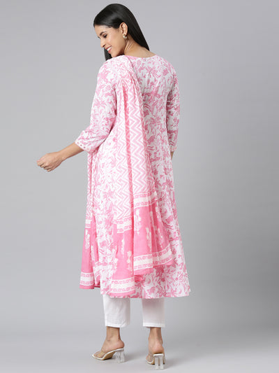 Neerus Pink Panelled Straight Printed Kurta and Trousers With Dupatta