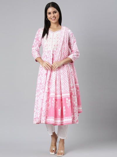 Neerus Pink Panelled Straight Printed Kurta and Trousers With Dupatta