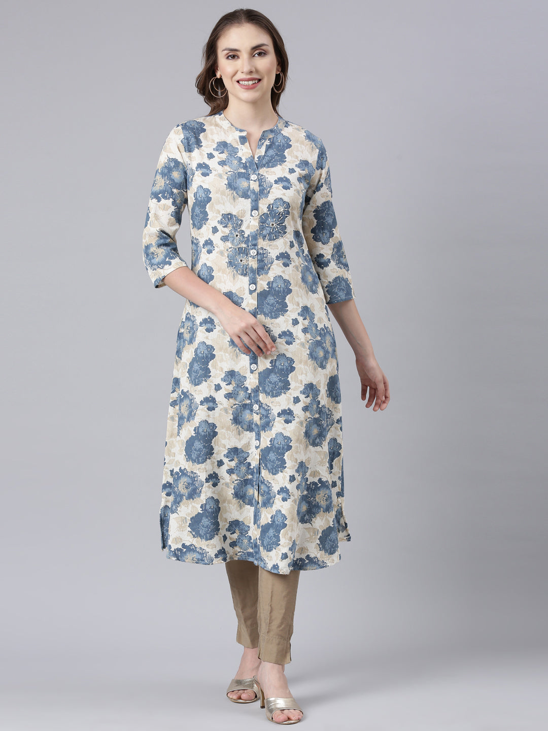 Neerus Blue Panelled Straight Floral Kurtas