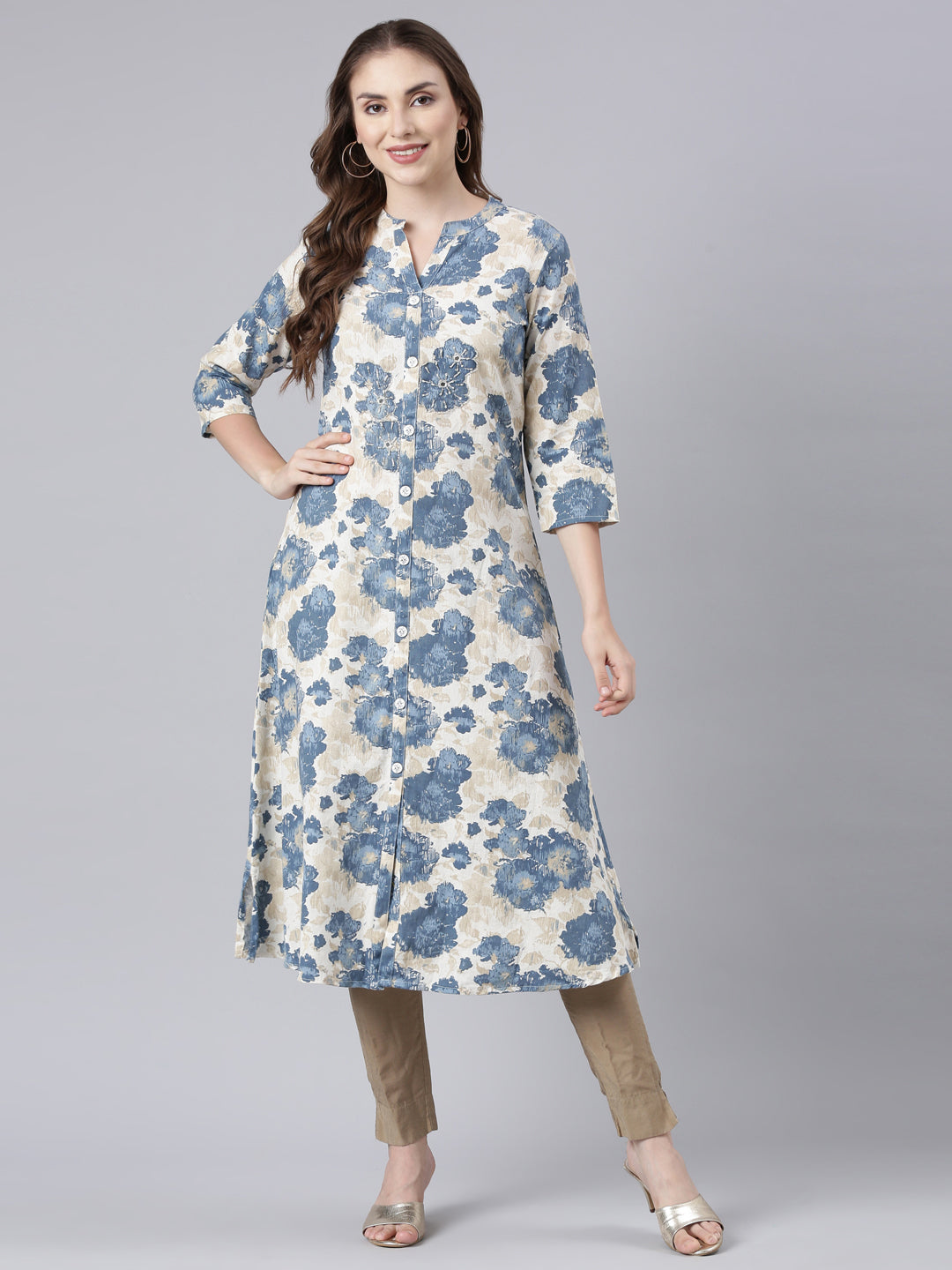 Neerus Blue Panelled Straight Floral Kurtas