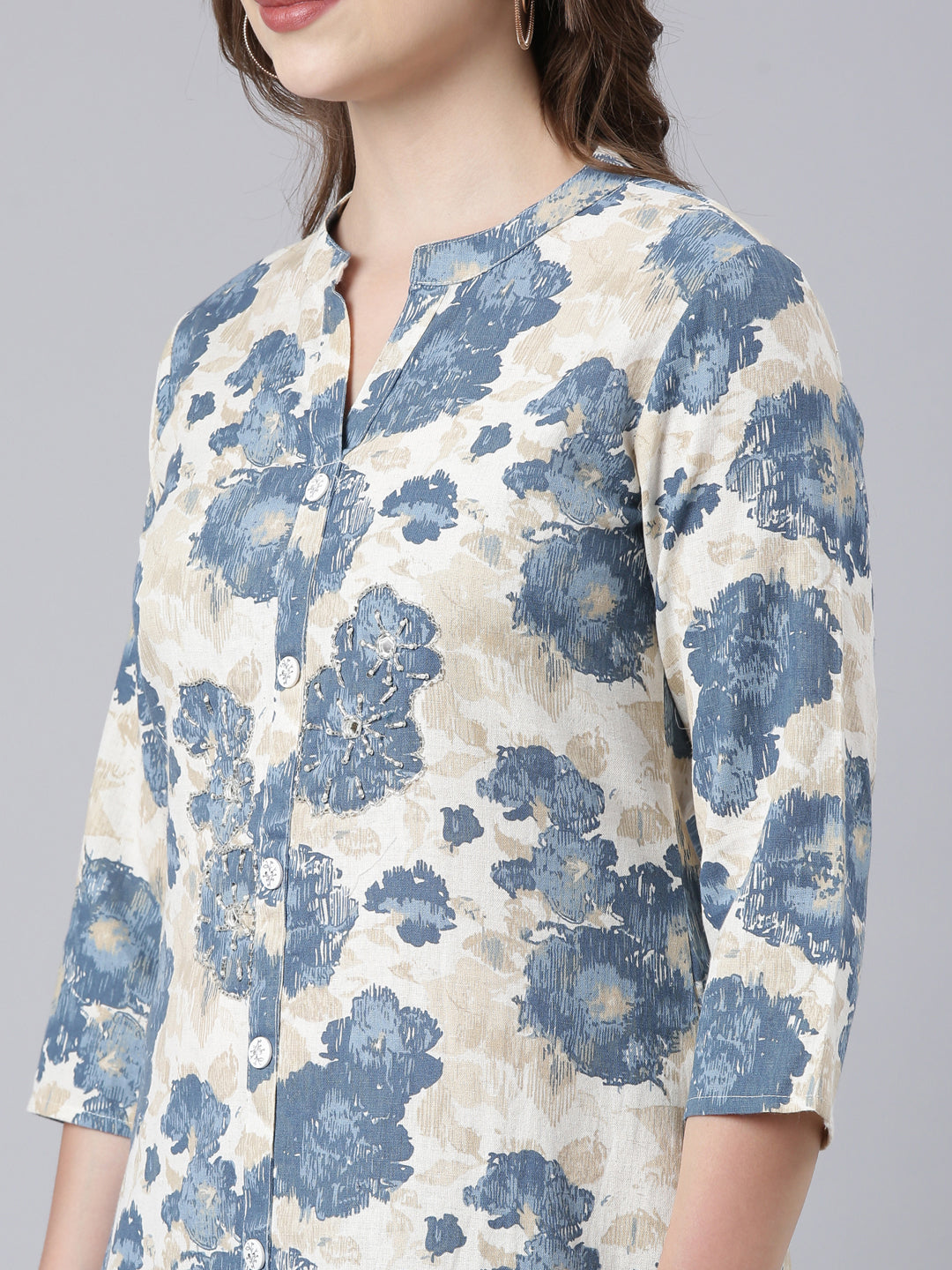 Neerus Blue Panelled Straight Floral Kurtas