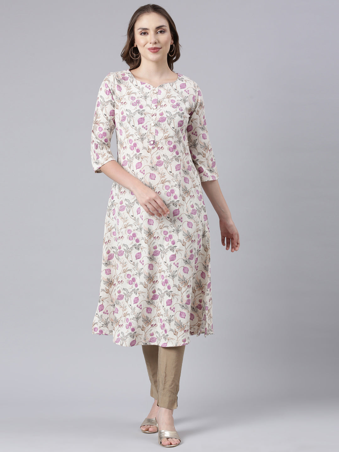 Neerus Beige Panelled Straight Floral Kurtas