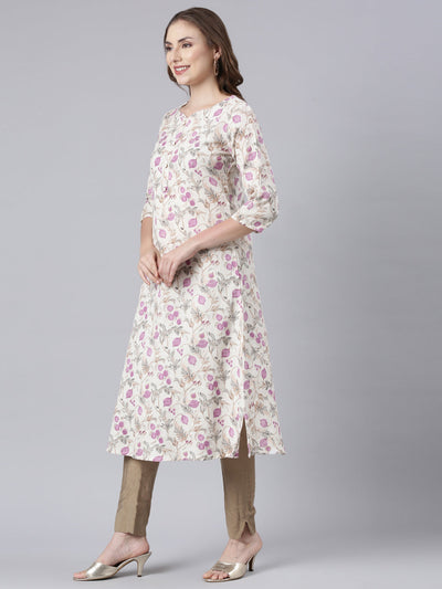 Neerus Beige Panelled Straight Floral Kurtas