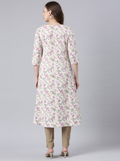 Neerus Beige Panelled Straight Floral Kurtas