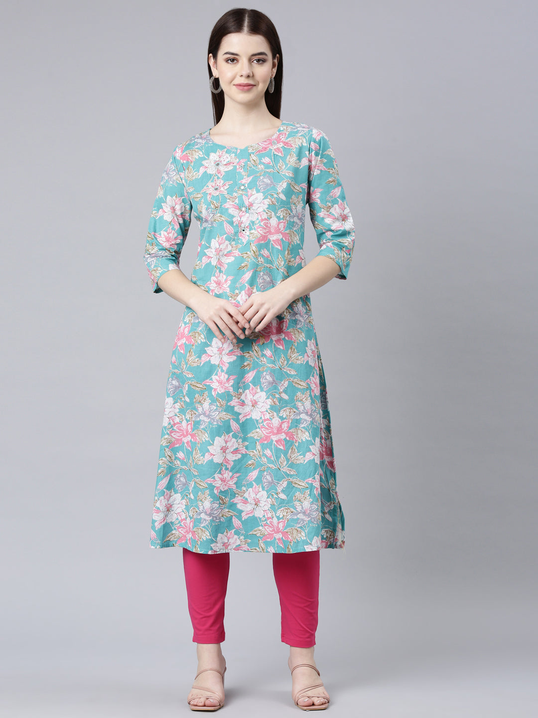 Neerus Sea Green Straight Casual Floral Straight Kurtas