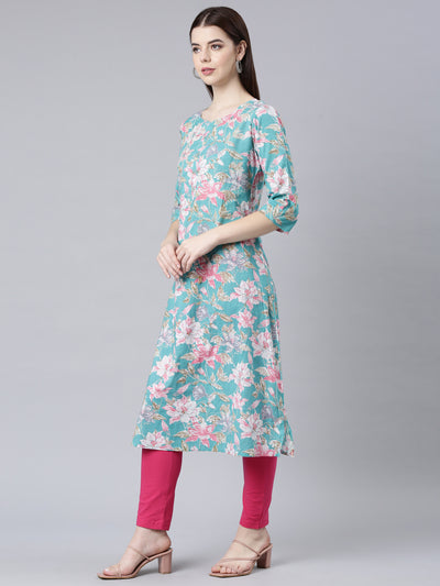 Neerus Sea Green Straight Casual Floral Straight Kurtas