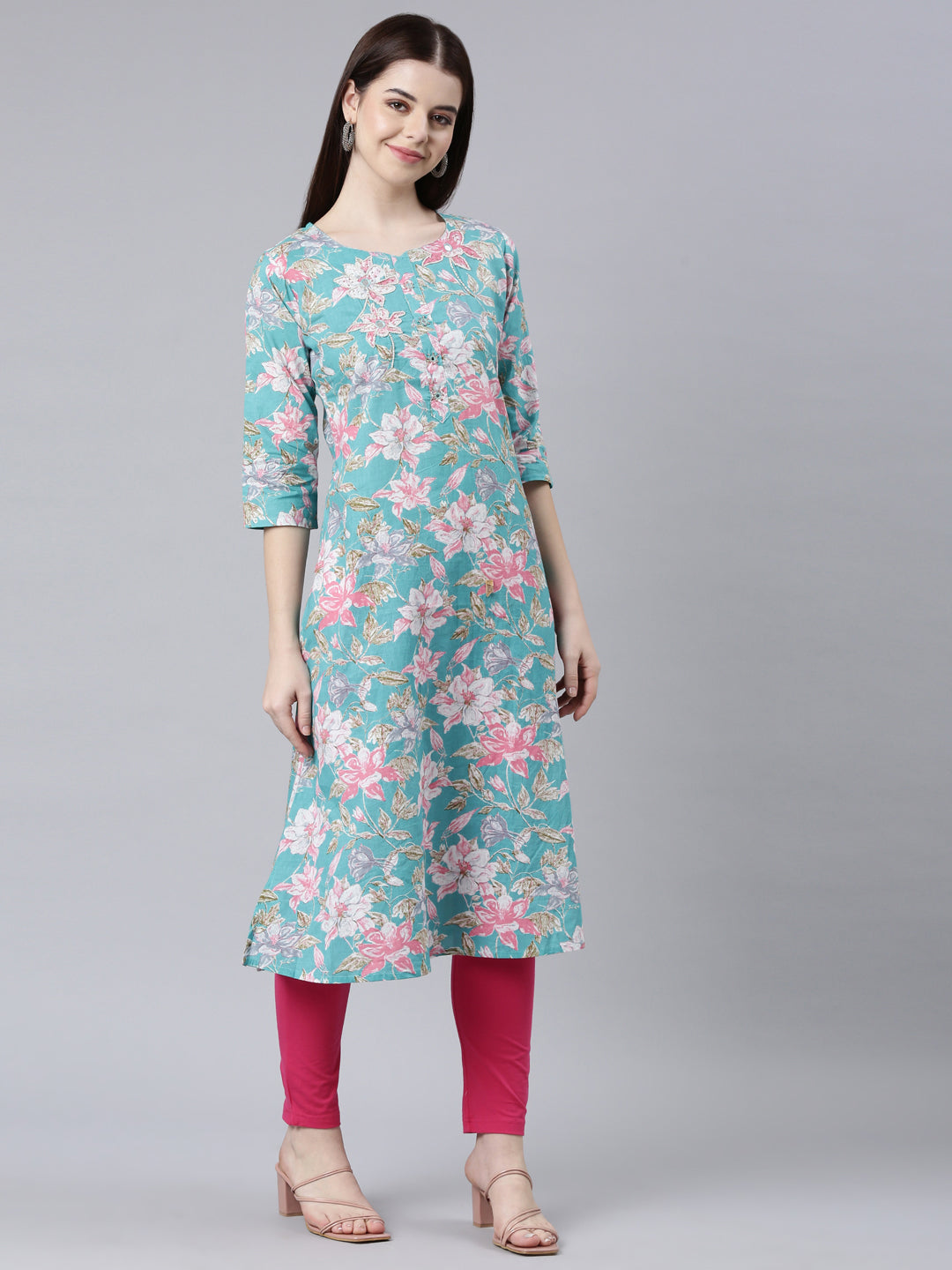 Neerus Sea Green Straight Casual Floral Straight Kurtas