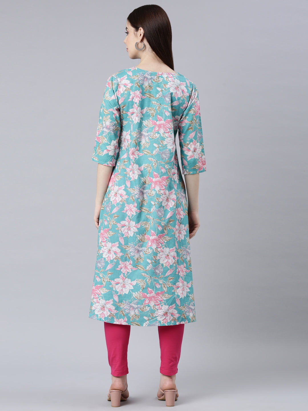 Neerus Sea Green Straight Casual Floral Straight Kurtas