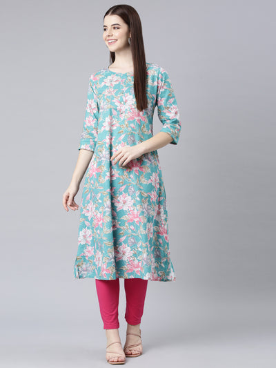 Neerus Sea Green Straight Casual Floral Straight Kurtas