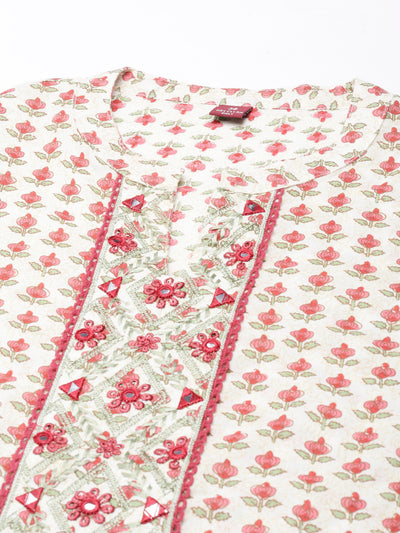 Neerus Cream Straight Casual Floral Straight Kurtas