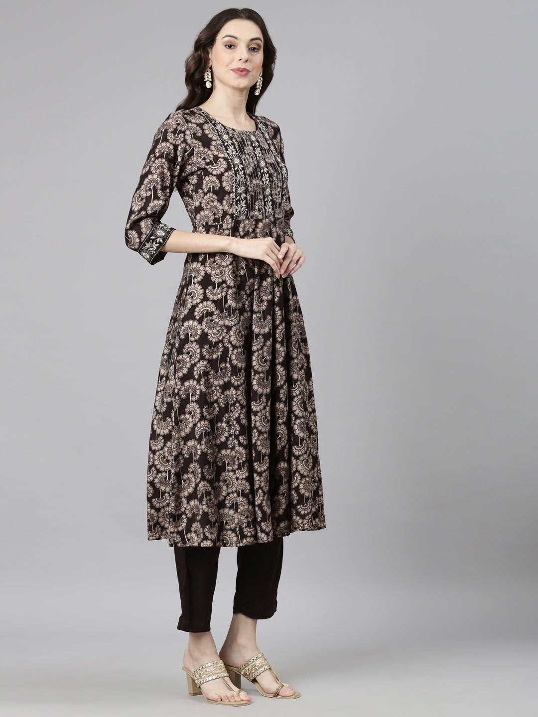 Neerus Brown Casual Floral Anarkali Kurta and Trousers With Dupatta