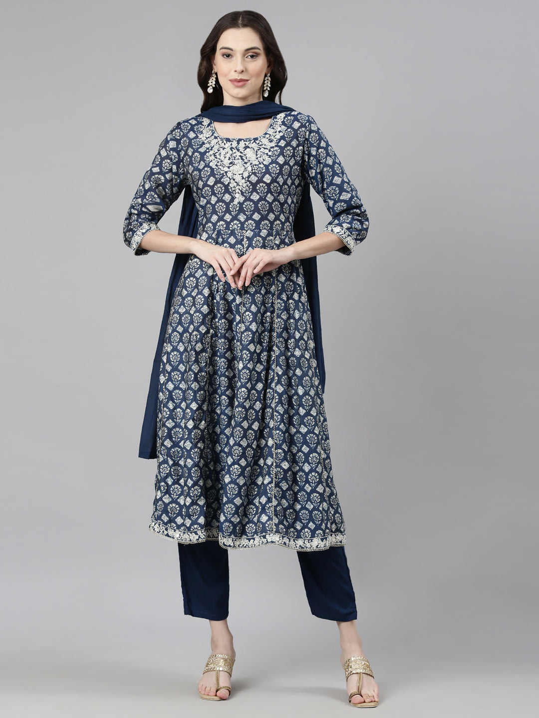 Neerus Blue Casual Quirky Anarkali Kurta and Trousers With Dupatta