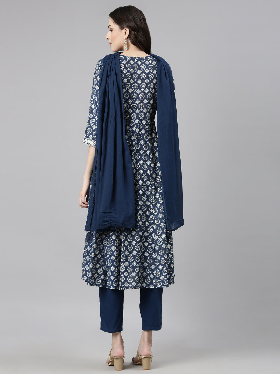 Neerus Blue Casual Quirky Anarkali Kurta and Trousers With Dupatta