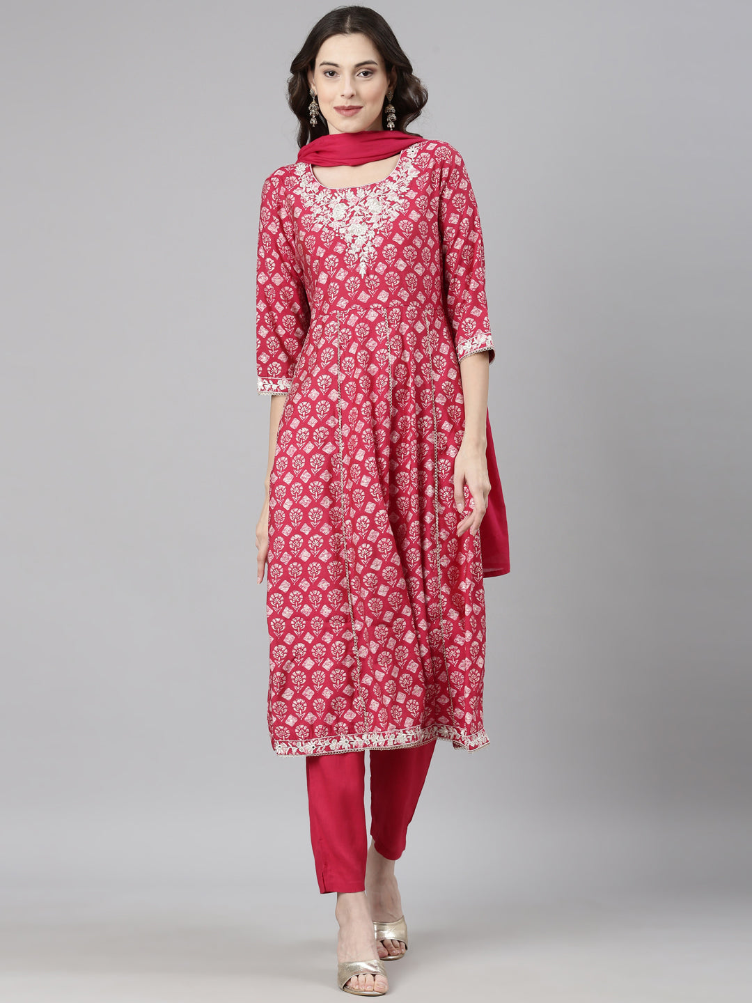 Neerus Pink Casual Quirky Anarkali Kurta and Trousers With Dupatta