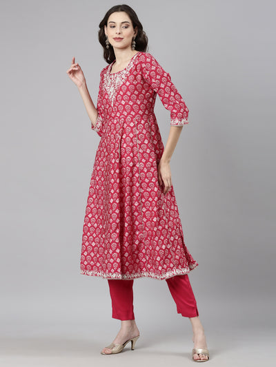 Neerus Pink Casual Quirky Anarkali Kurta and Trousers With Dupatta