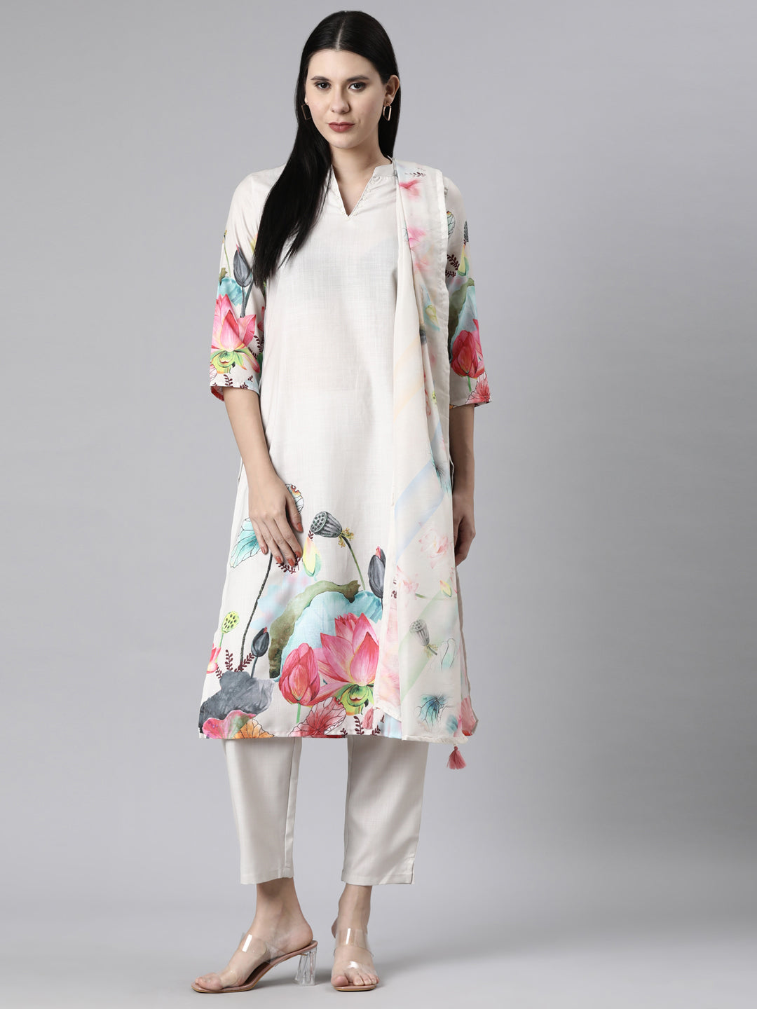 Neerus Cream Casual Floral Straight Kurta and Trousers With Dupatta