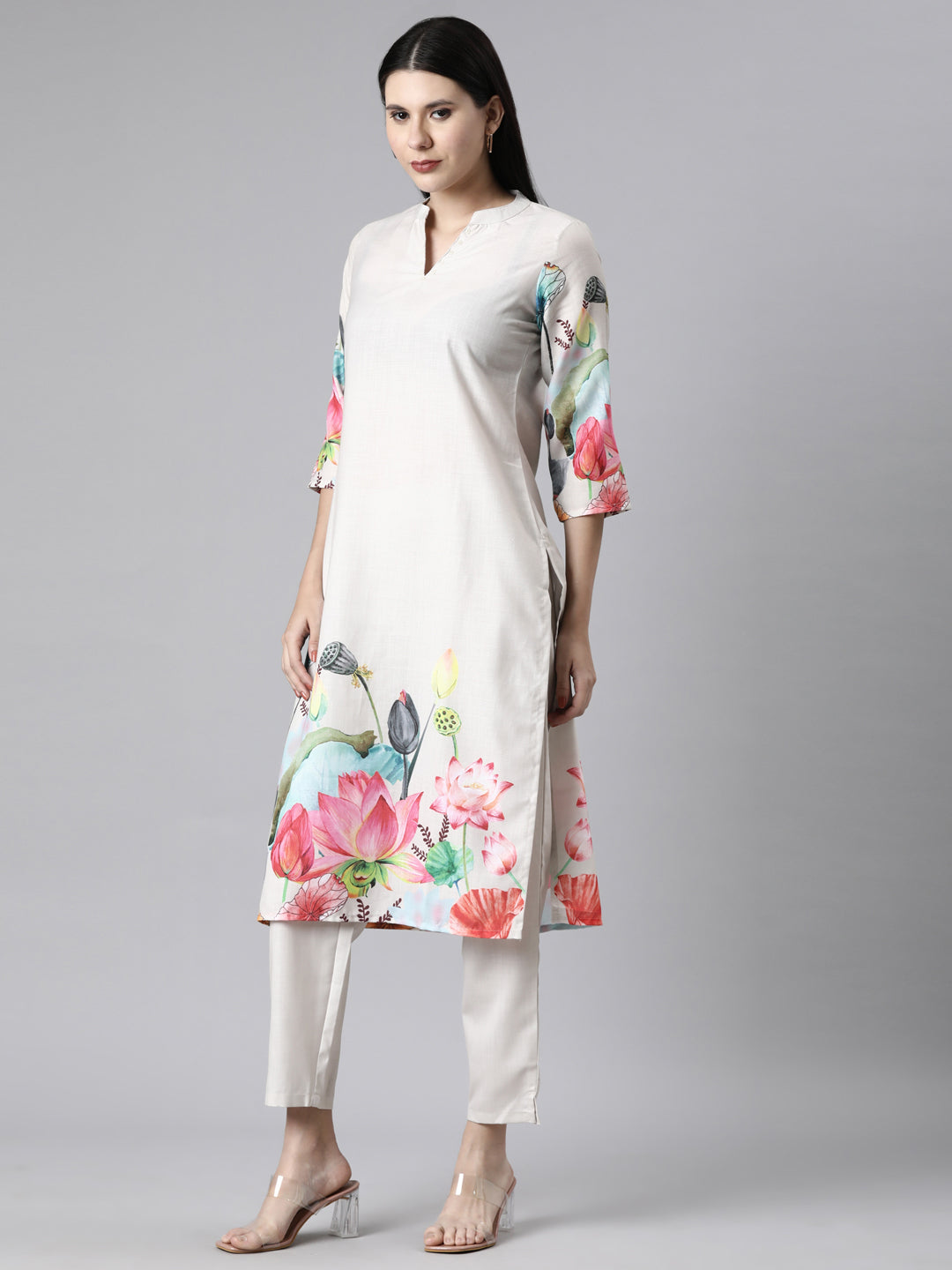 Neerus Cream Casual Floral Straight Kurta and Trousers With Dupatta