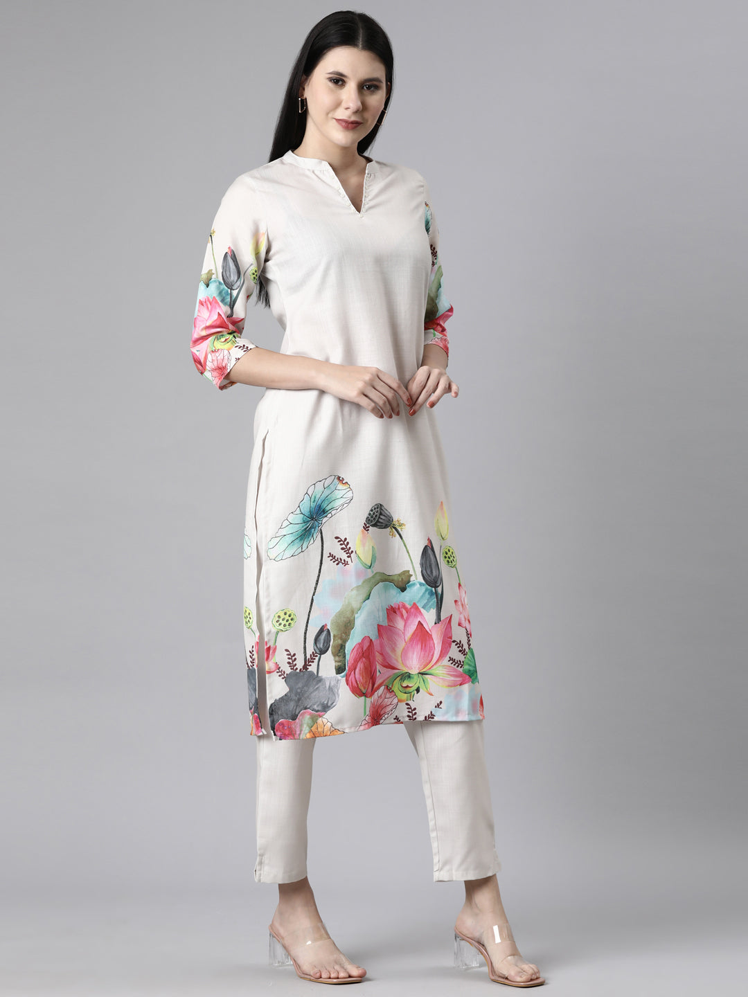 Neerus Cream Casual Floral Straight Kurta and Trousers With Dupatta