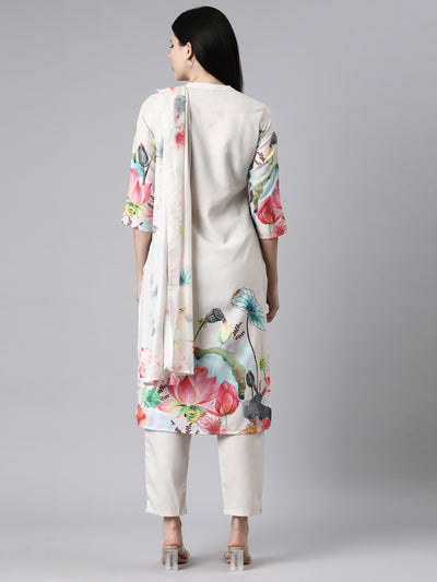 Neerus Cream Casual Floral Straight Kurta and Trousers With Dupatta