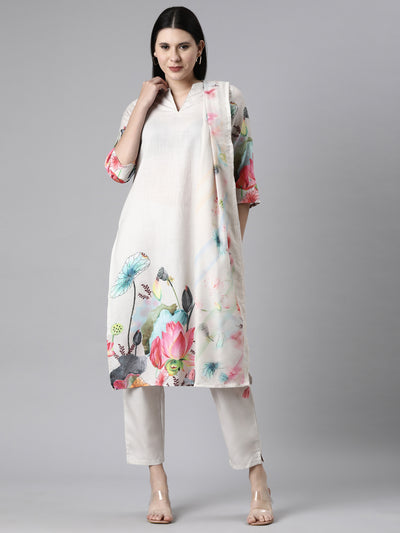 Neerus Cream Casual Floral Straight Kurta and Trousers With Dupatta