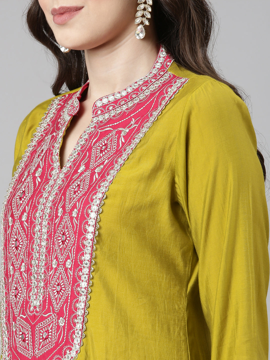 Neerus Green Casual Solid Anarkali Kurta and Trousers With Dupatta