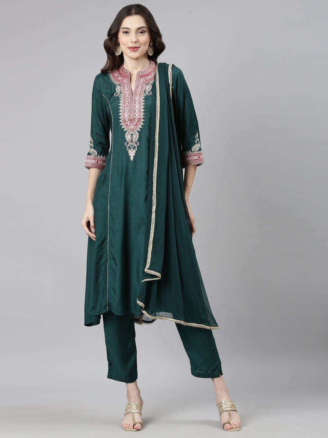 Neerus Green Casual Solid Anarkali Kurta and Trousers With Dupatta