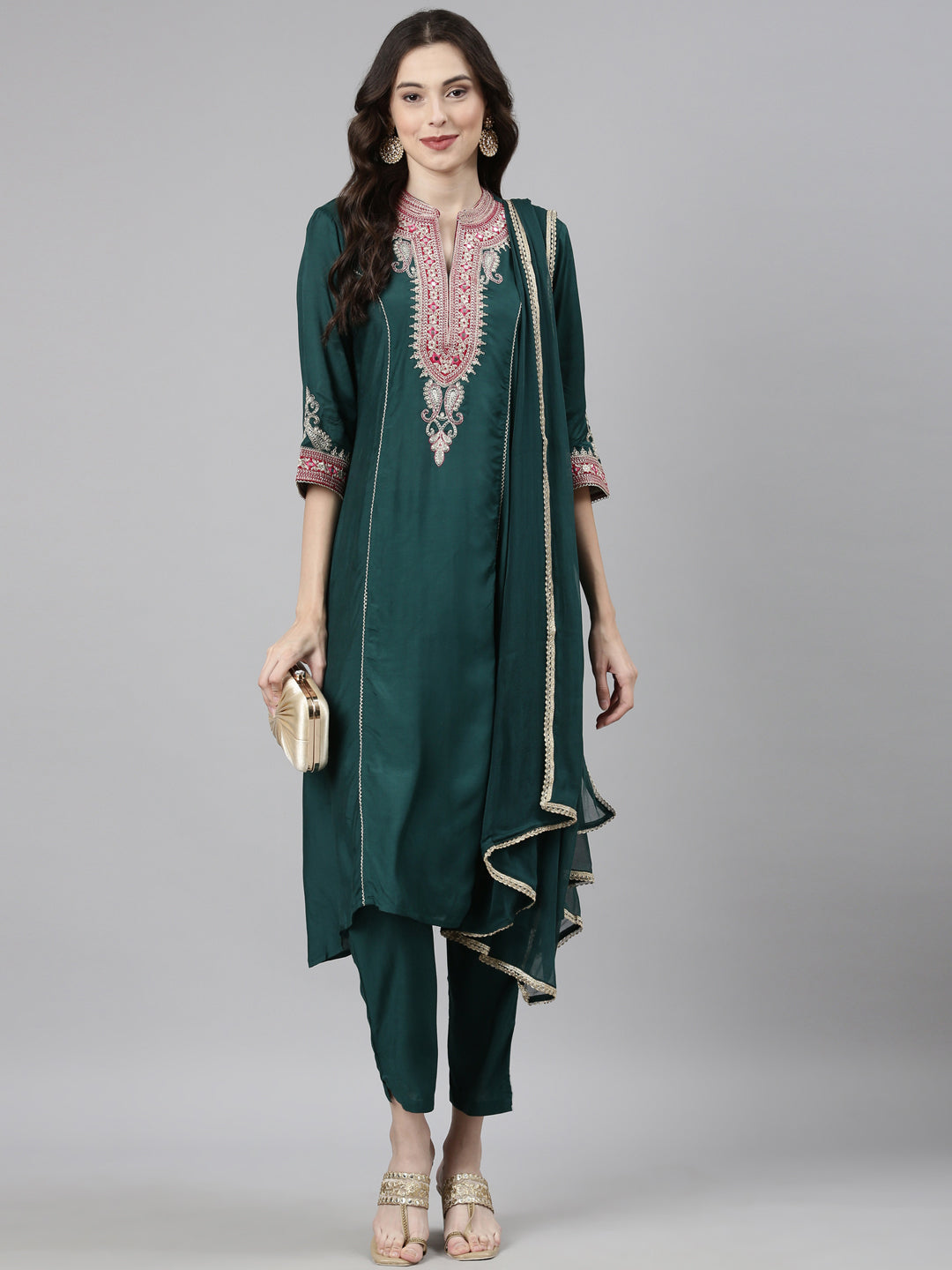 Neerus Green Casual Solid Anarkali Kurta and Trousers With Dupatta