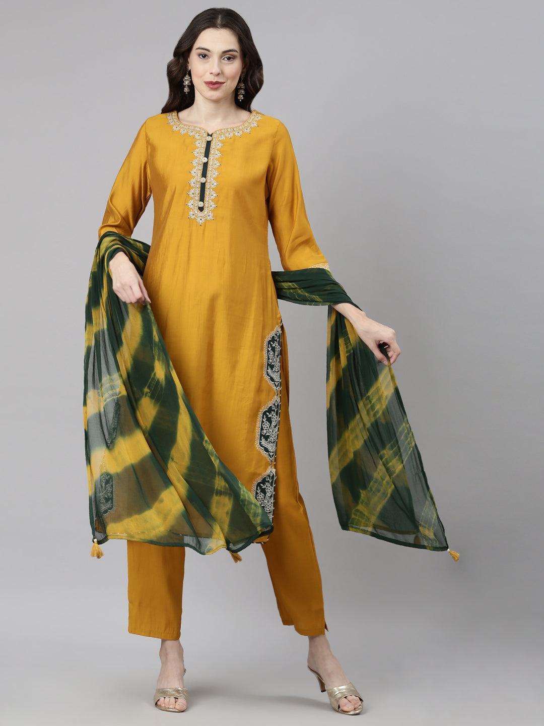 Neerus Mustard Casual Solid Straight Kurta and Trousers With Dupatta