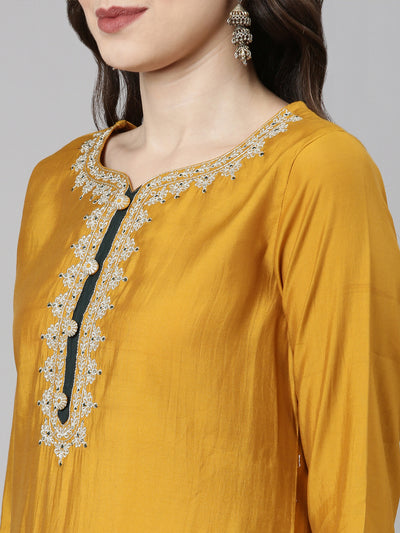 Neerus Mustard Casual Solid Straight Kurta and Trousers With Dupatta