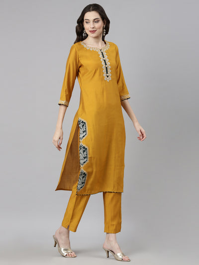 Neerus Mustard Casual Solid Straight Kurta and Trousers With Dupatta