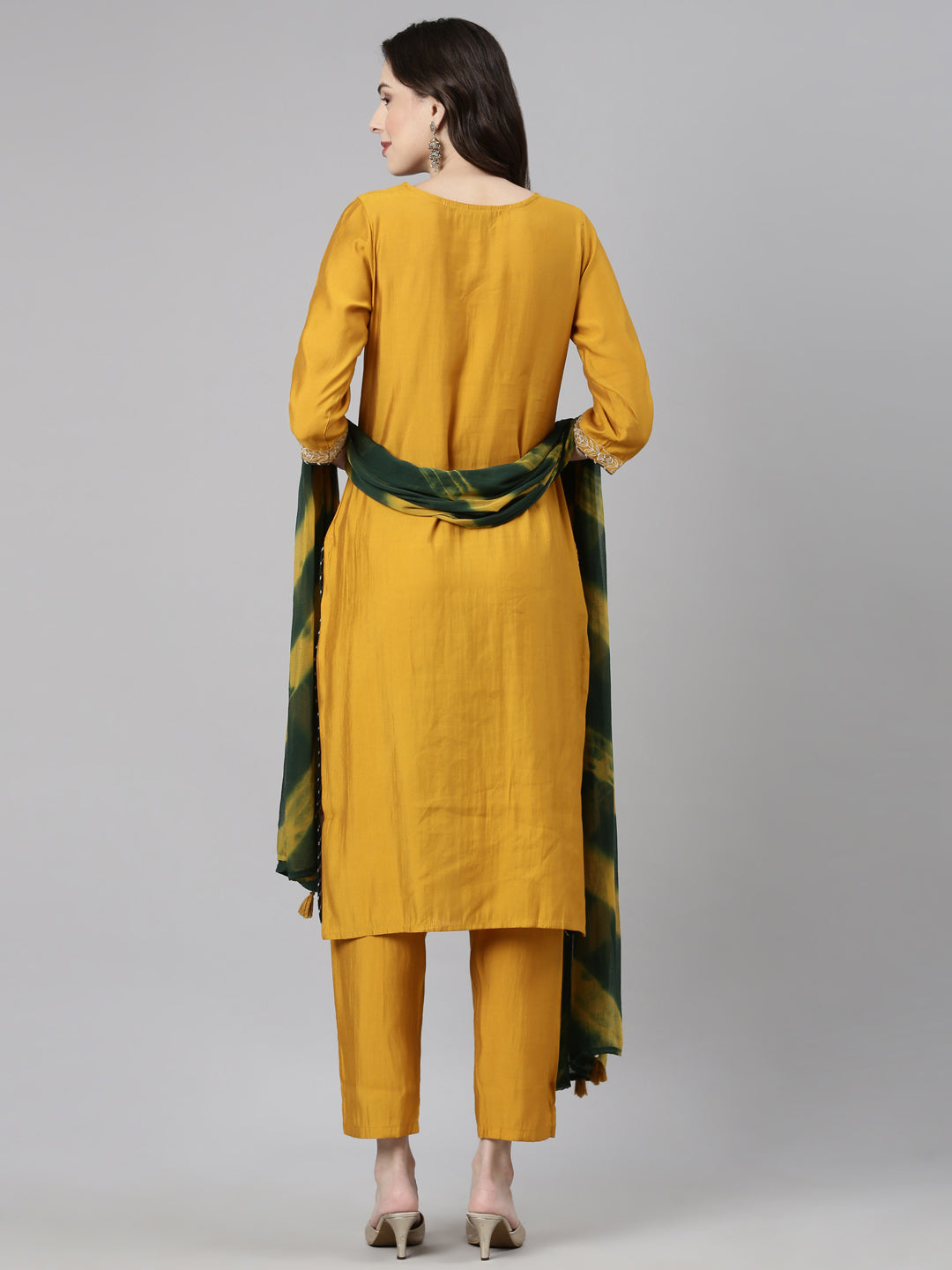 Neerus Mustard Casual Solid Straight Kurta and Trousers With Dupatta