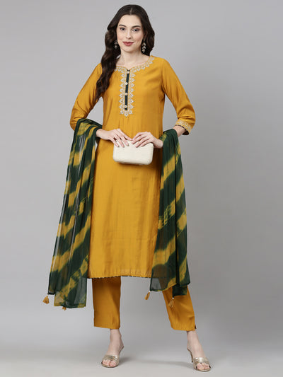 Neerus Mustard Casual Solid Straight Kurta and Trousers With Dupatta