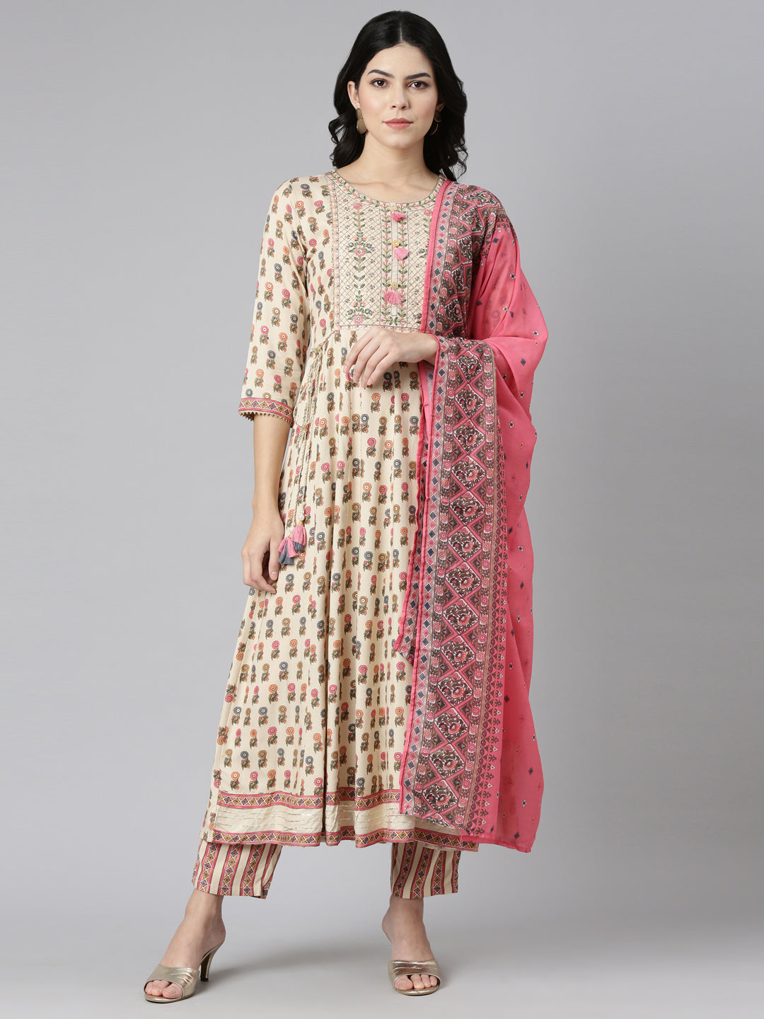 Neeru's Cream Regular Straight Printed Readymade suits