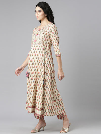 Neeru's Cream Regular Straight Printed Readymade suits