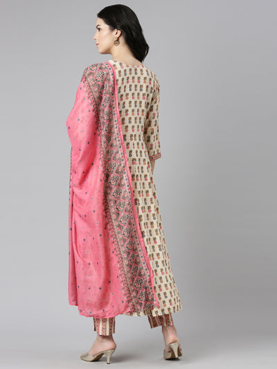 Neeru's Cream Regular Straight Printed Readymade suits