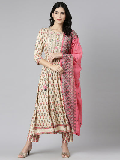 Neeru's Cream Regular Straight Printed Readymade suits