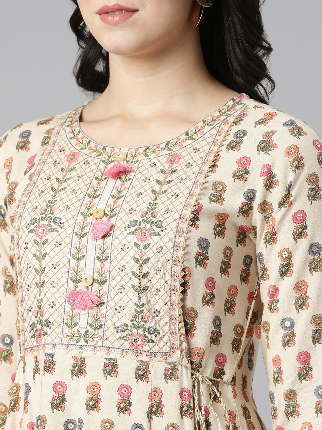 Neeru's Cream Regular Straight Printed Readymade suits