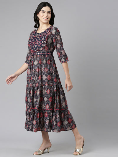 Neeru's Navy Blue Pleated Anarkali Printed Kurtas