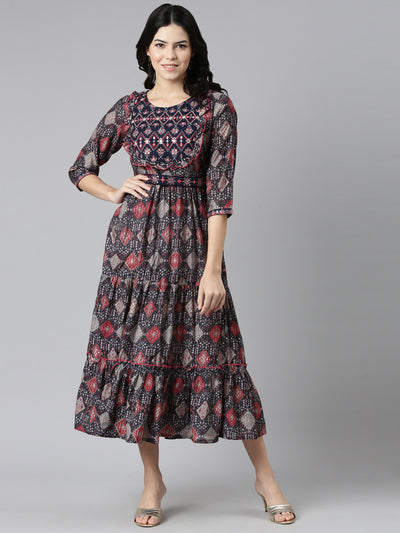 Neeru's Navy Blue Pleated Anarkali Printed Kurtas