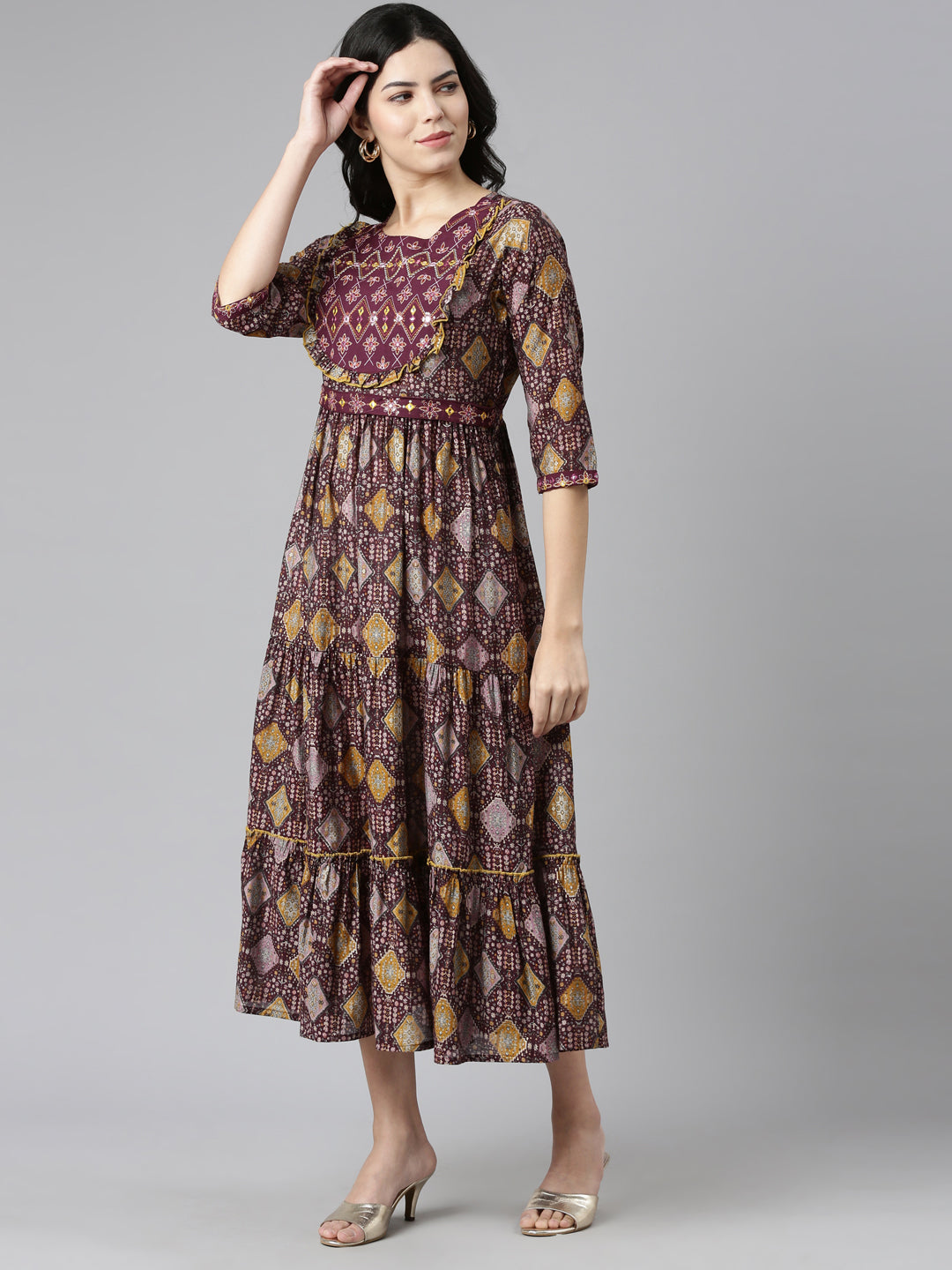 Neeru's Purple Pleated Anarkali Printed Kurtas