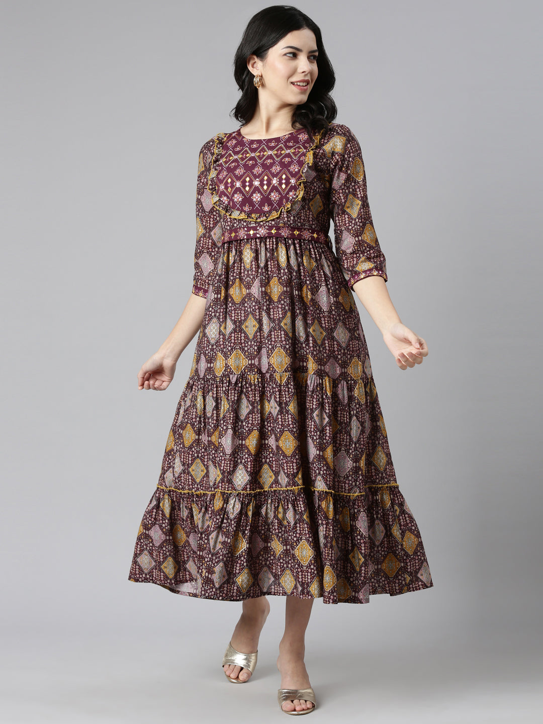 Neeru's Purple Pleated Anarkali Printed Kurtas