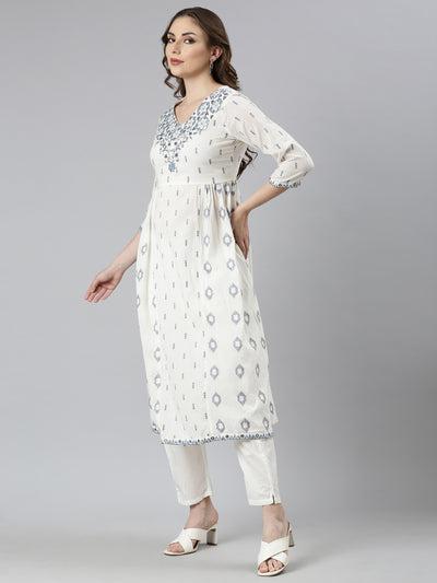 Neerus Off White Regular Straight Geometric Kurta And  Trousers With Dupatta