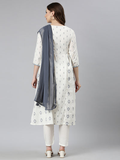 Neerus Off White Regular Straight Geometric Kurta And  Trousers With Dupatta