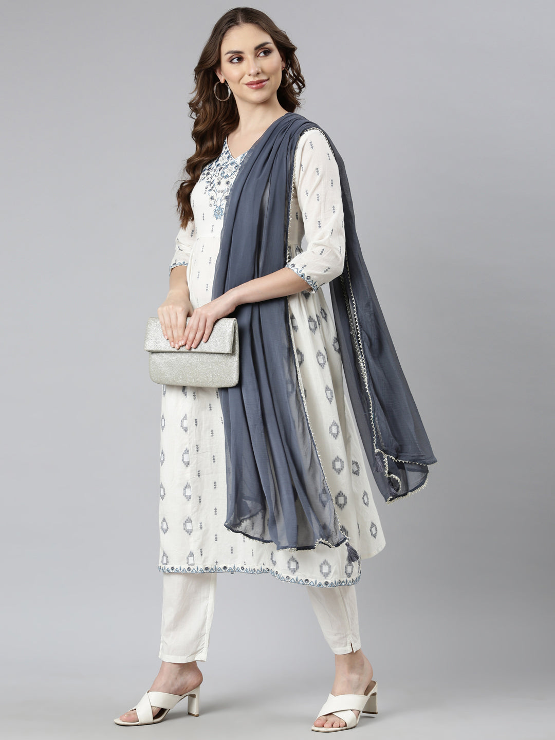 Neerus Off White Regular Straight Geometric Kurta And  Trousers With Dupatta