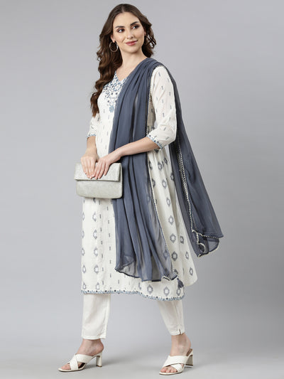 Neerus Off White Regular Straight Geometric Kurta And  Trousers With Dupatta