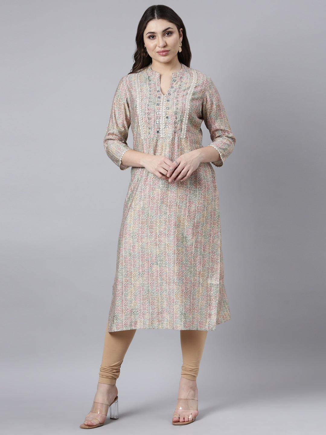 Neerus Beige Regular Straight Floral Kurtas