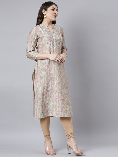 Neerus Beige Regular Straight Floral Kurtas