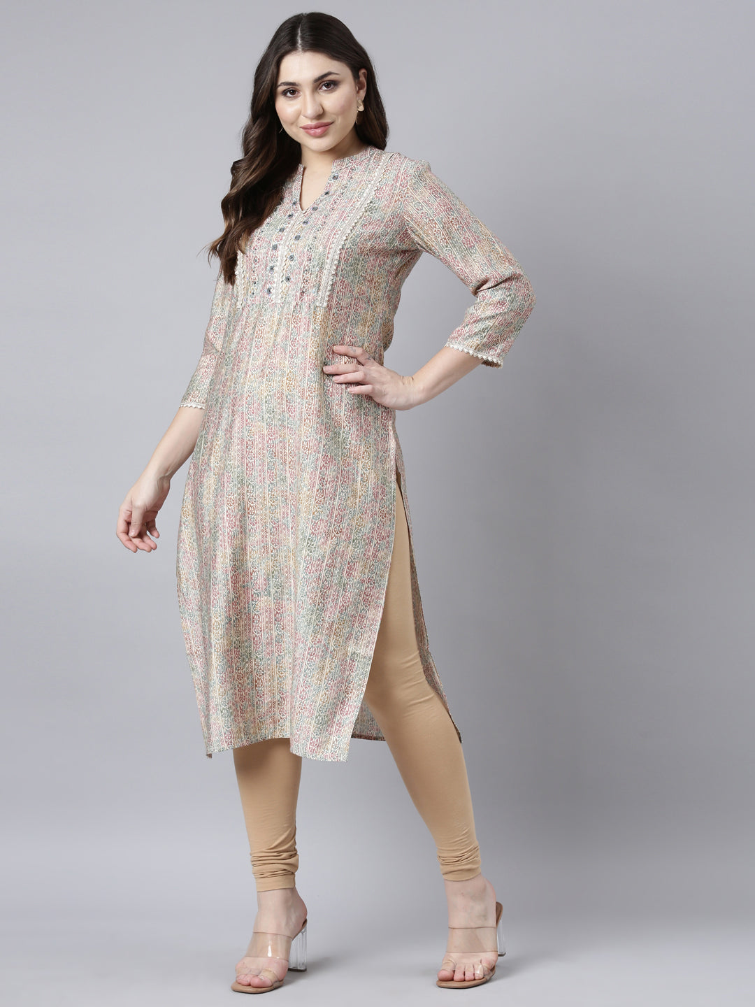 Neerus Beige Regular Straight Floral Kurtas